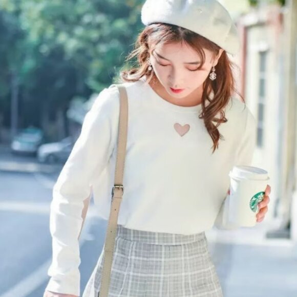 White Long Sleeve with Heart Mesh One Size Fits Like S/M - Picture 1 of 6